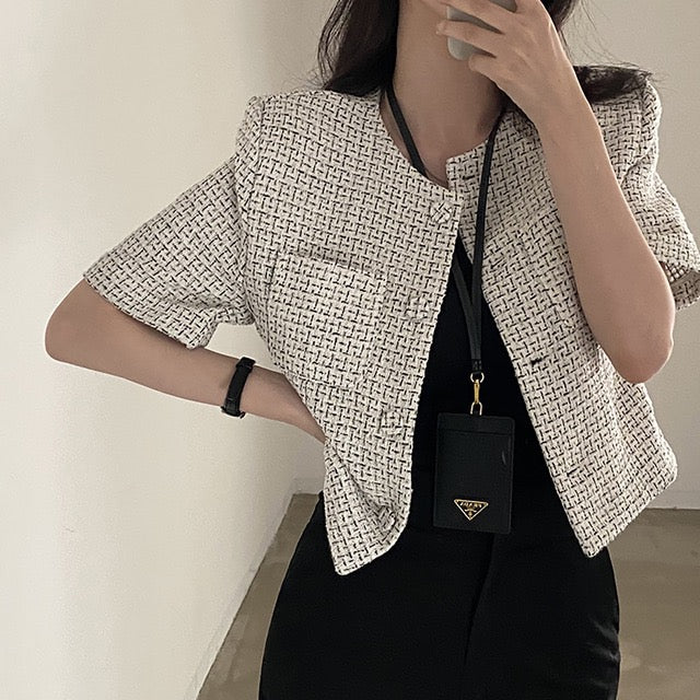 シャネル風チェック柄半袖ジャケット – Cloris Fashion